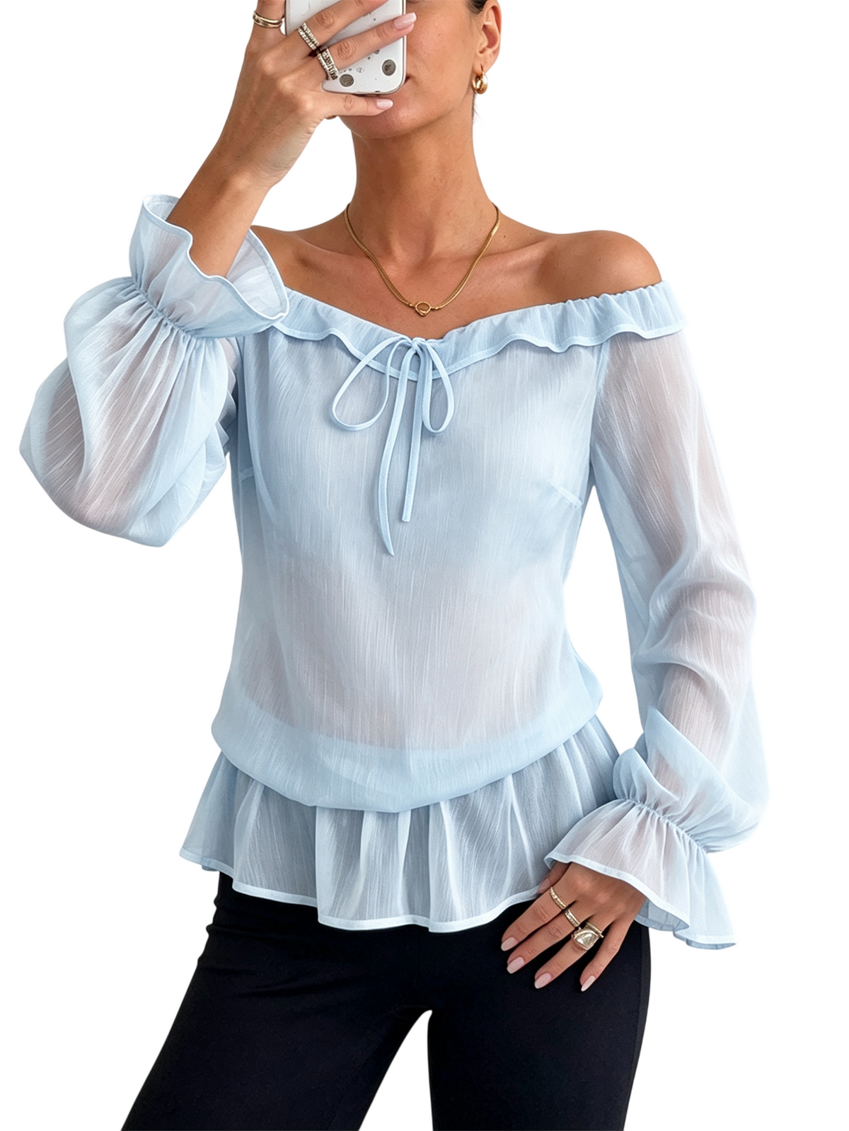 Women’s Off Shoulder Ruffle Long Sleeve Blouse Top