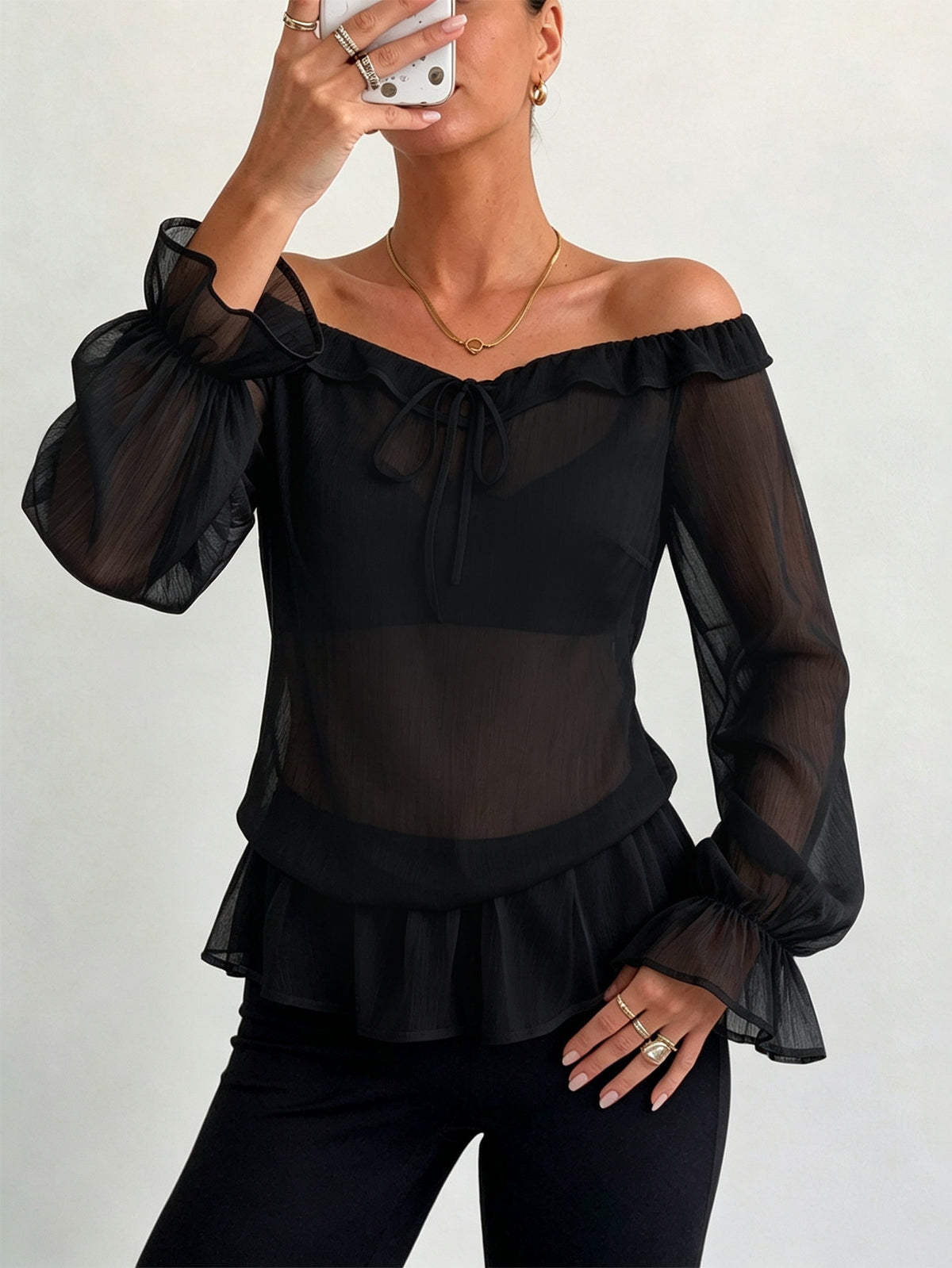 Women’s Off Shoulder Ruffle Long Sleeve Blouse Top