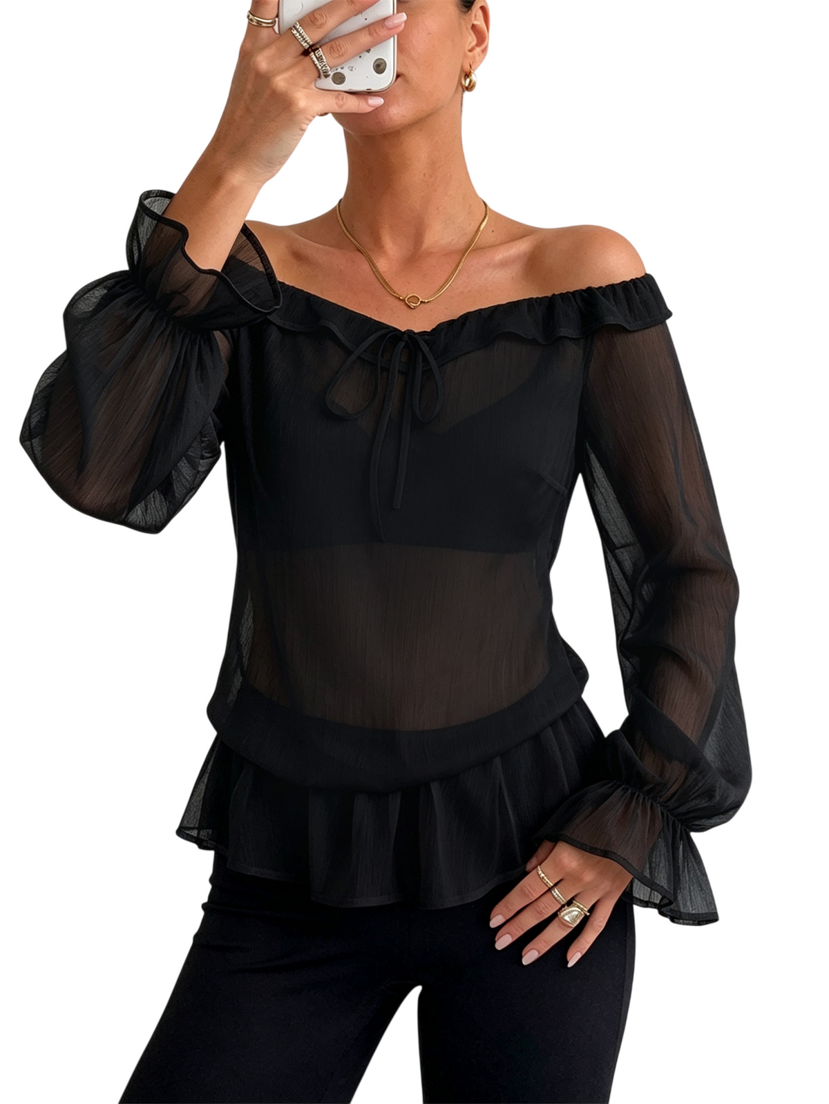Women’s Off Shoulder Ruffle Long Sleeve Blouse Top