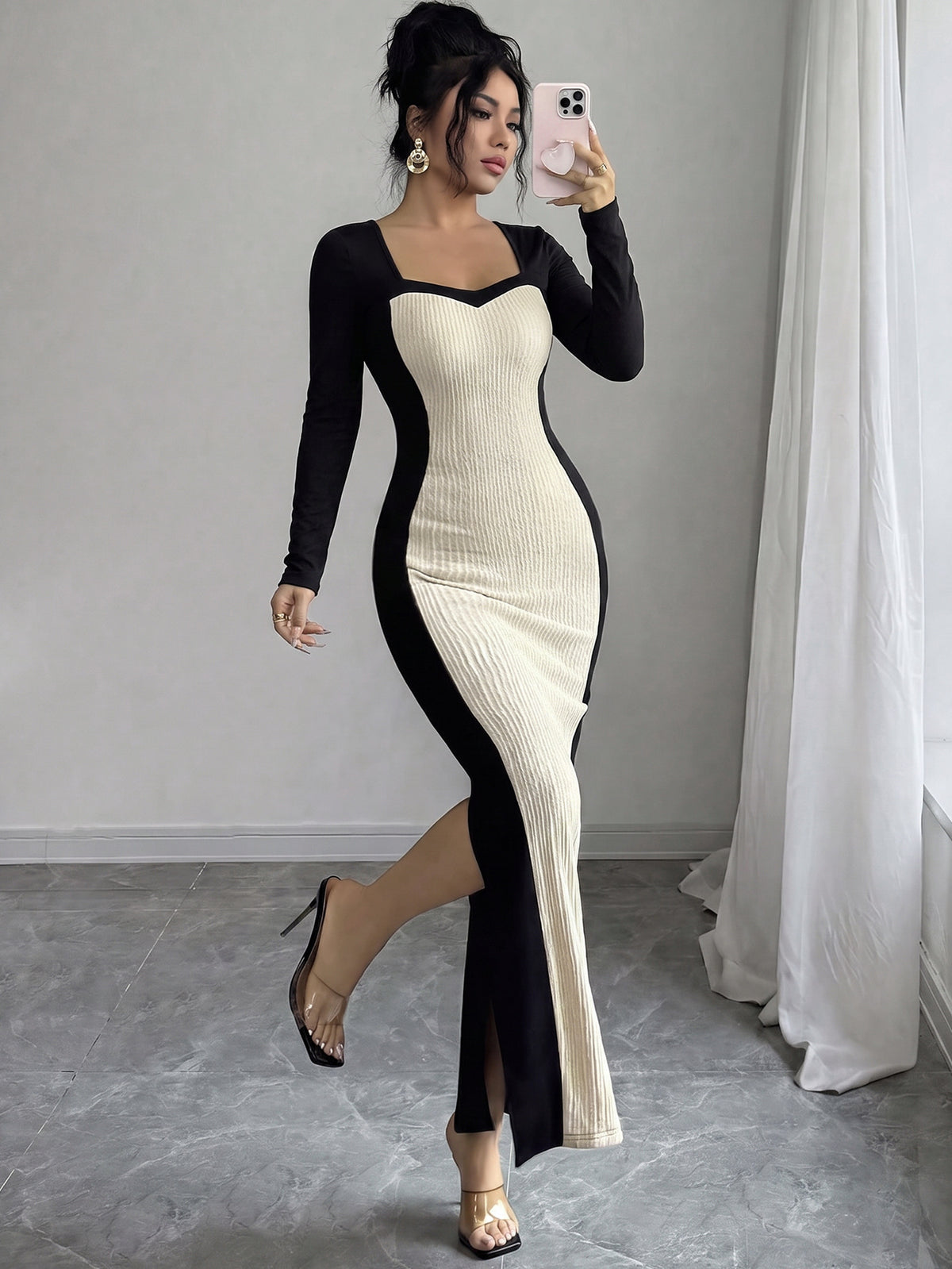 Women’s Long Sleeve Square Neck Bodycon Maxi Dress