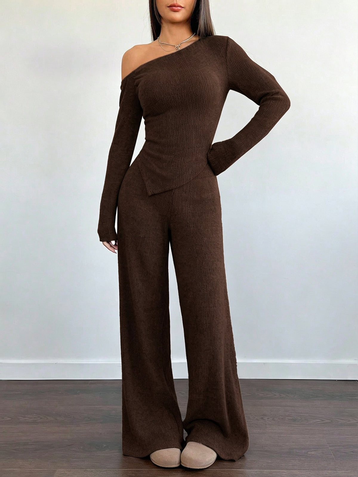 Women’s Off Shoulder Long Sleeve Top and Wide Leg Pants Set