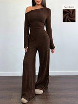 Women’s Off Shoulder Long Sleeve Top and Wide Leg Pants Set