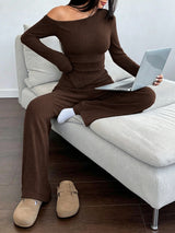 Women’s Off Shoulder Long Sleeve Top and Wide Leg Pants Set