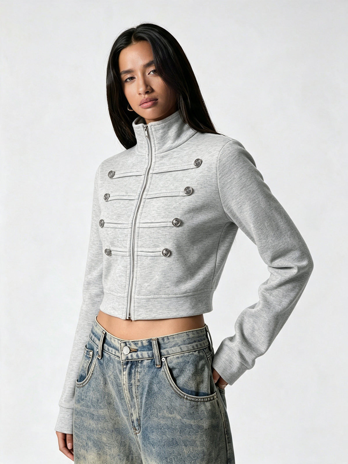 Women’s Cropped Zip-Up Jacket with High Neck Design