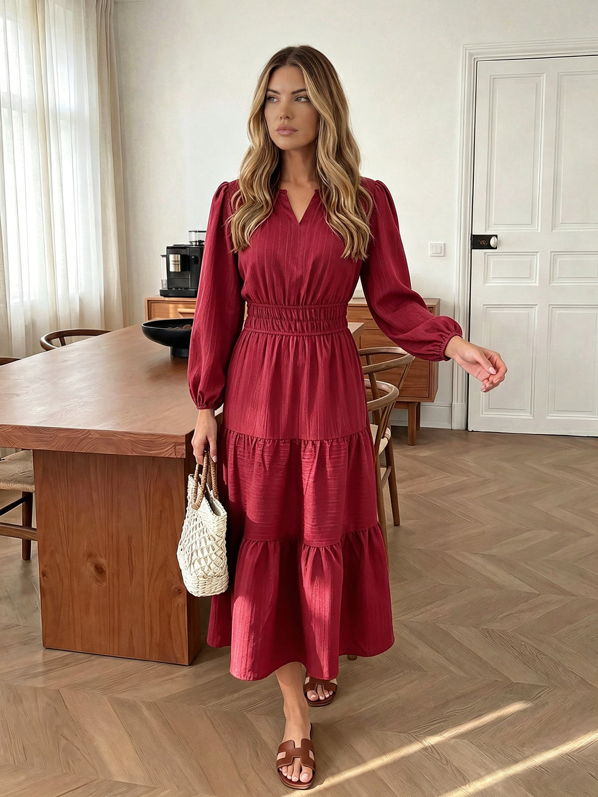 Women's Long Sleeve V-Neck Tiered Maxi Dress