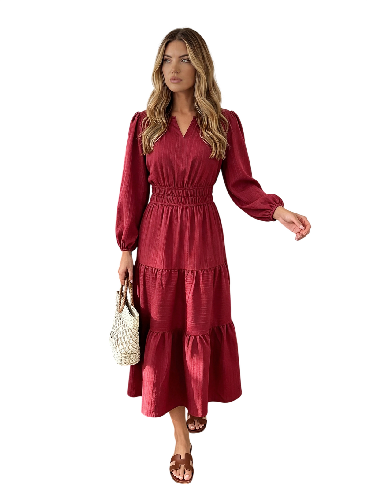 Women's Long Sleeve V-Neck Tiered Maxi Dress