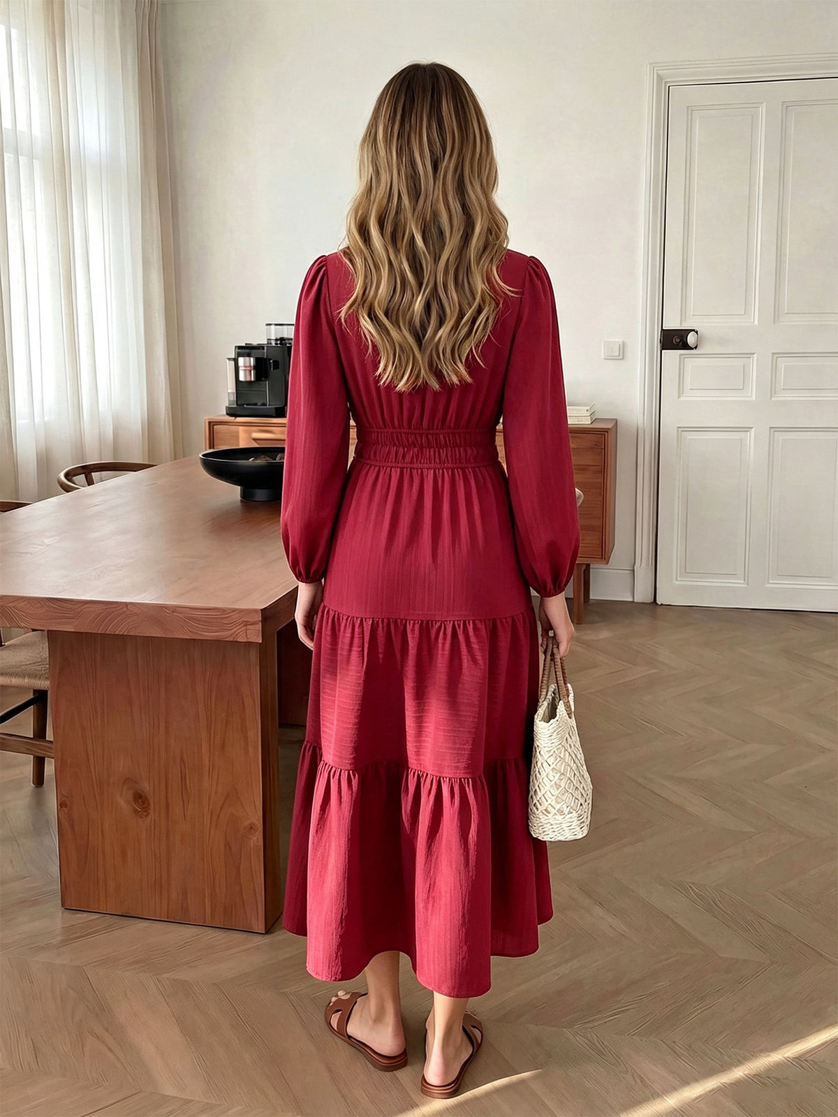 Women's Long Sleeve V-Neck Tiered Maxi Dress