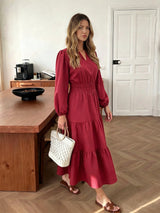 Women's Long Sleeve V-Neck Tiered Maxi Dress