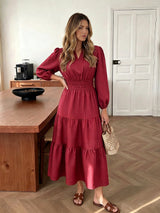 Women's Long Sleeve V-Neck Tiered Maxi Dress