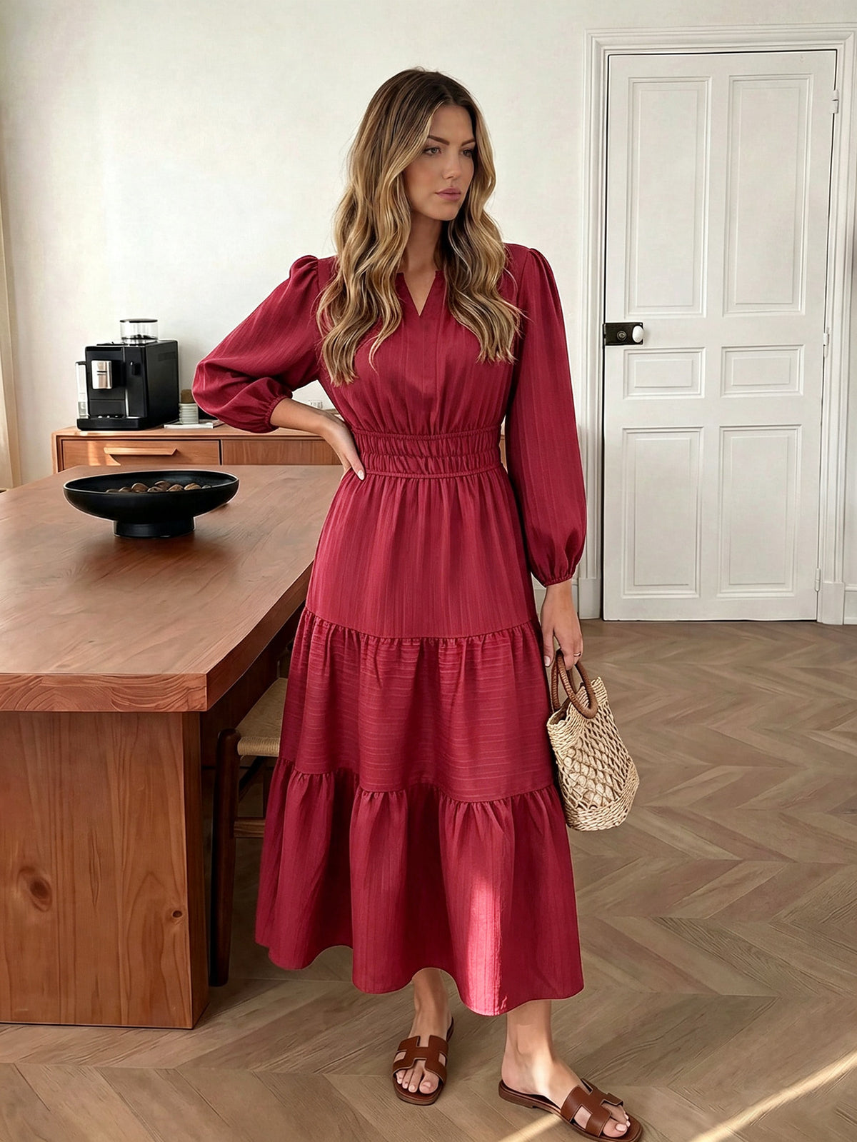 Women's Long Sleeve V-Neck Tiered Maxi Dress