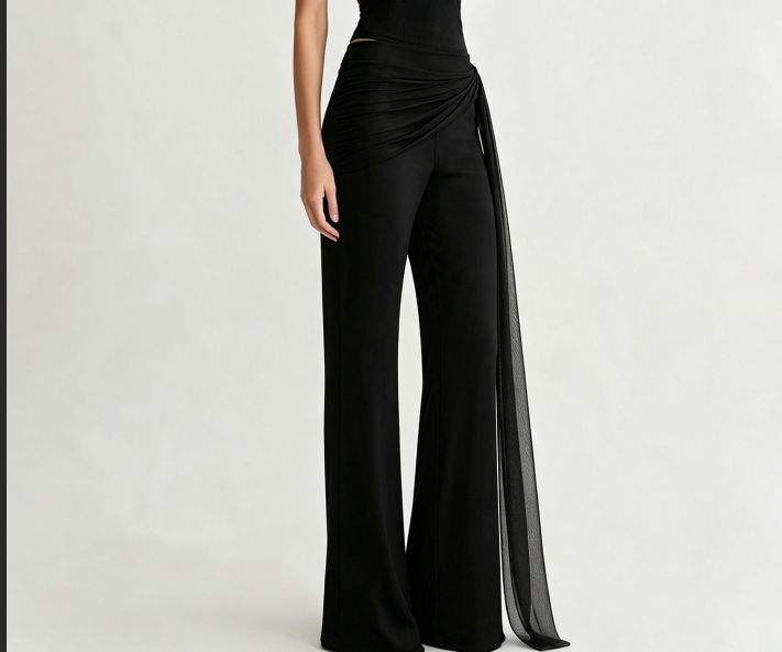 Women's High Waist Wide Leg Pants with Sheer Side Drape