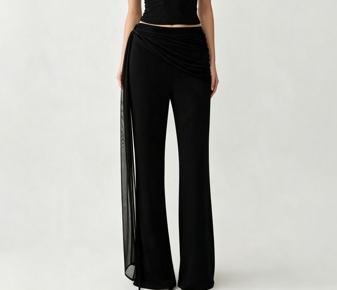Women's High Waist Wide Leg Pants with Sheer Side Drape
