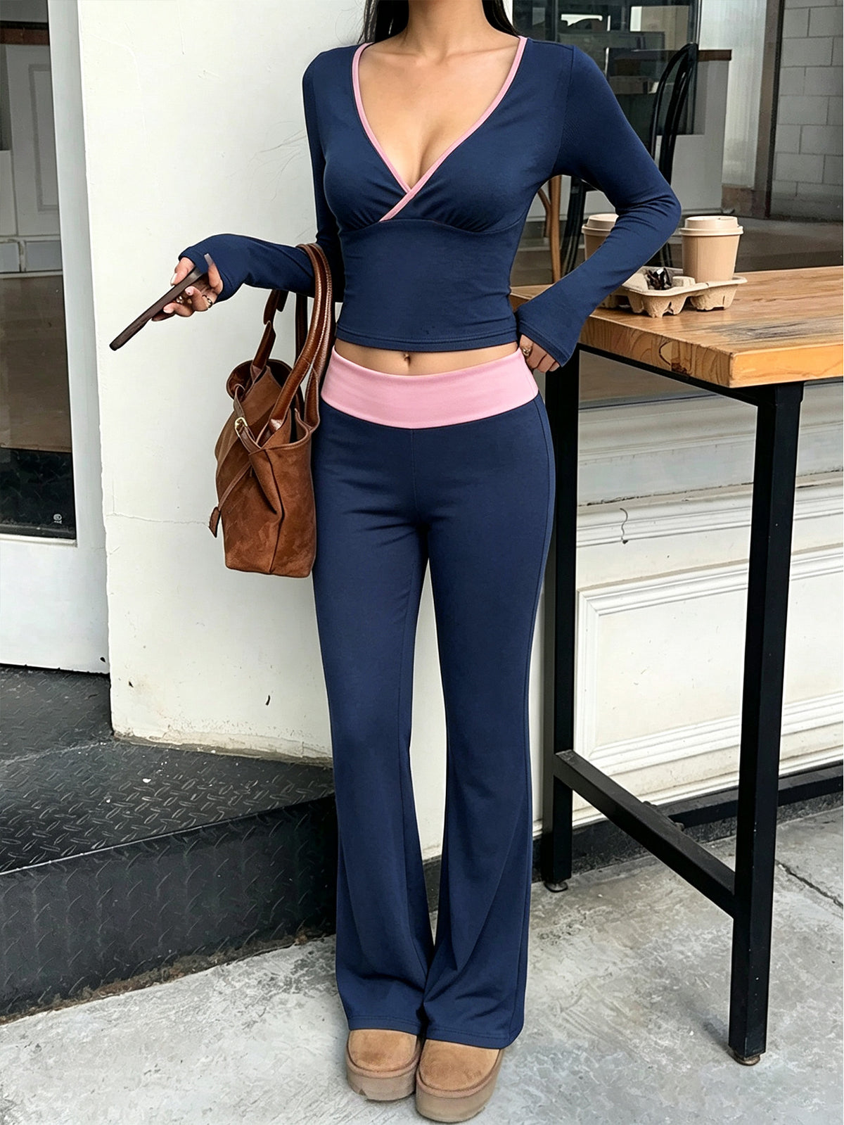 Women's Long Sleeve V-Neck Top and Flared Pants Set