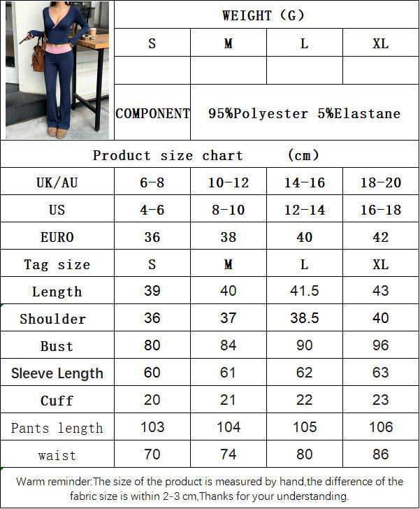 Women's Long Sleeve V-Neck Top and Flared Pants Set