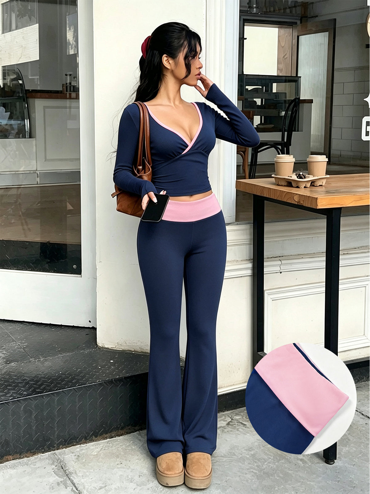 Women's Long Sleeve V-Neck Top and Flared Pants Set