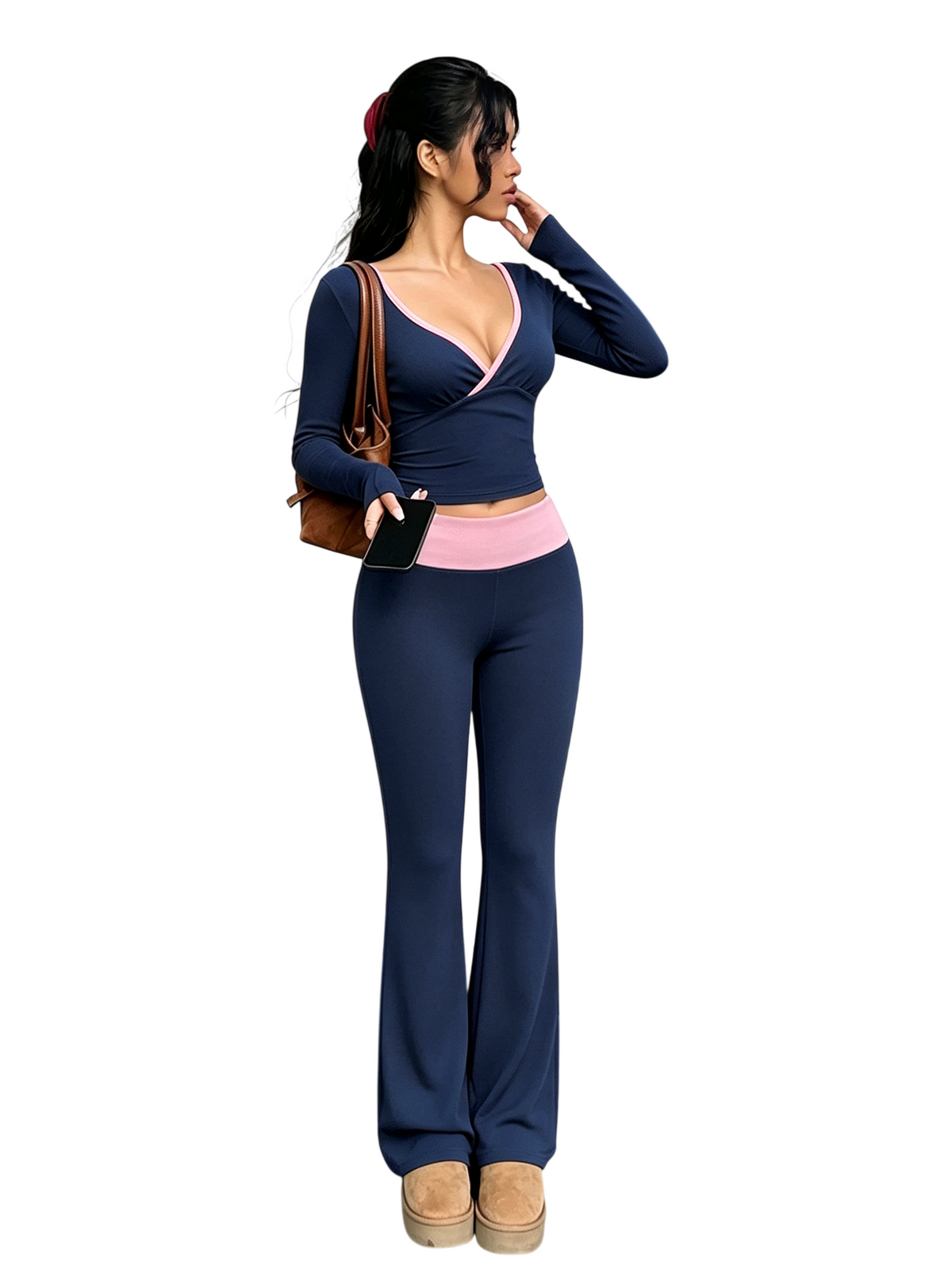 Women's Long Sleeve V-Neck Top and Flared Pants Set