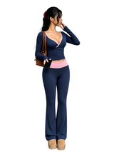 Women's Long Sleeve V-Neck Top and Flared Pants Set