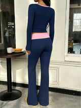 Women's Long Sleeve V-Neck Top and Flared Pants Set