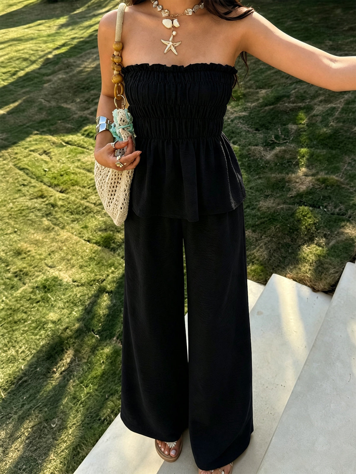 Women's Strapless Smocked Top and Wide Leg Pants Set