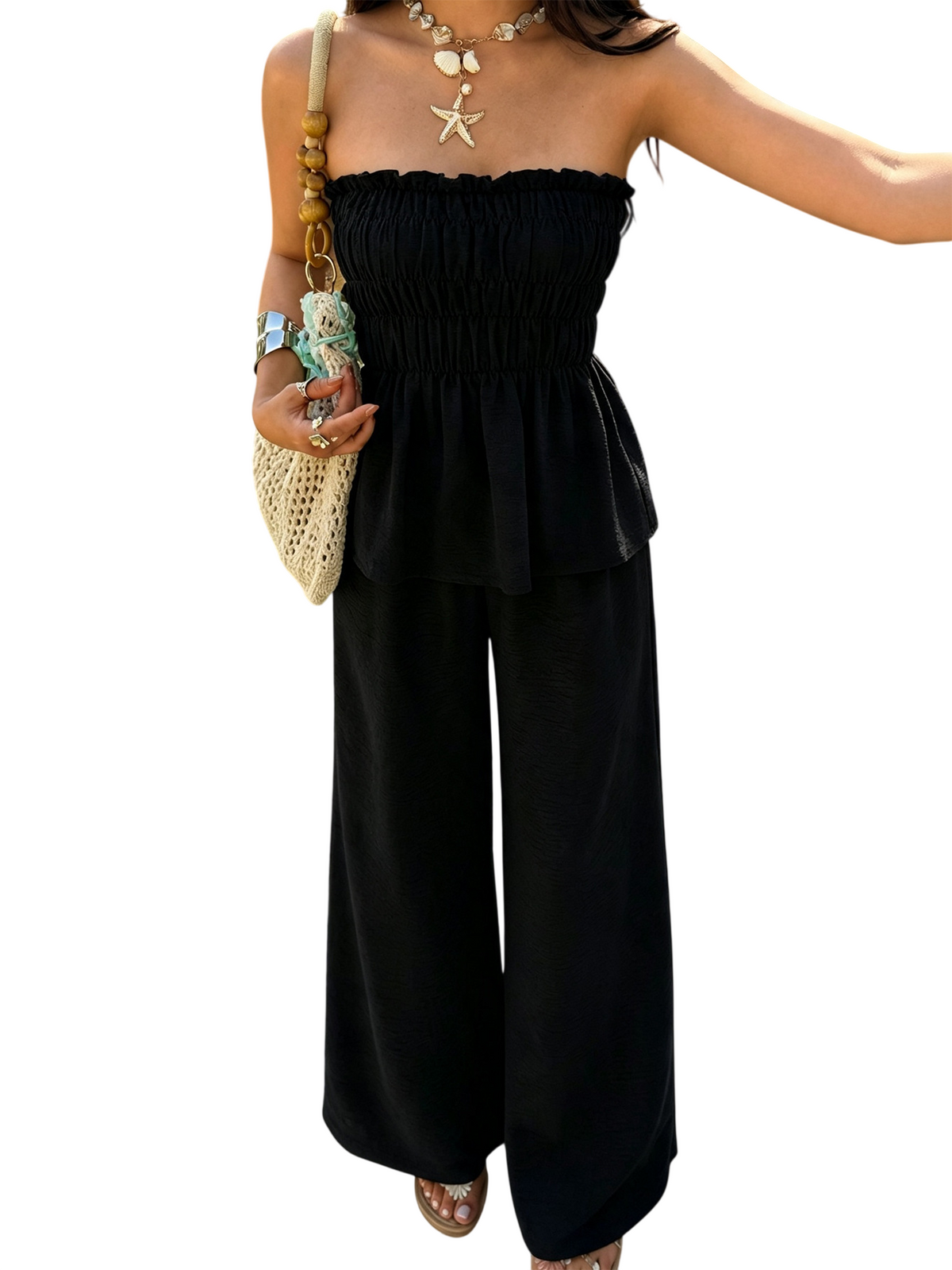 Women's Strapless Smocked Top and Wide Leg Pants Set