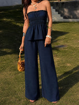 Women's Strapless Smocked Top and Wide Leg Pants Set