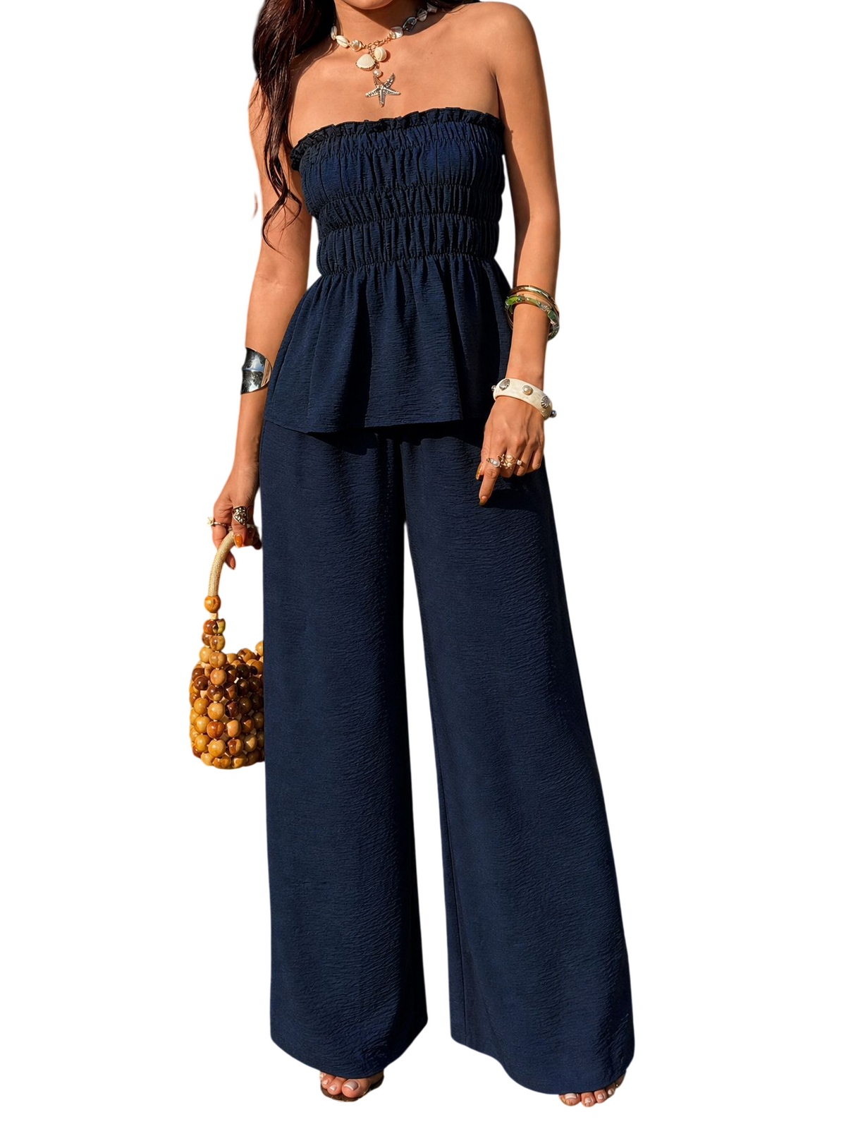 Women's Strapless Smocked Top and Wide Leg Pants Set