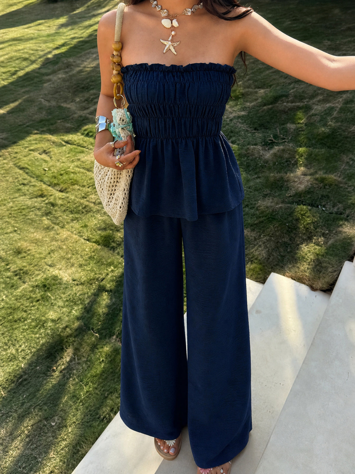 Women's Strapless Smocked Top and Wide Leg Pants Set