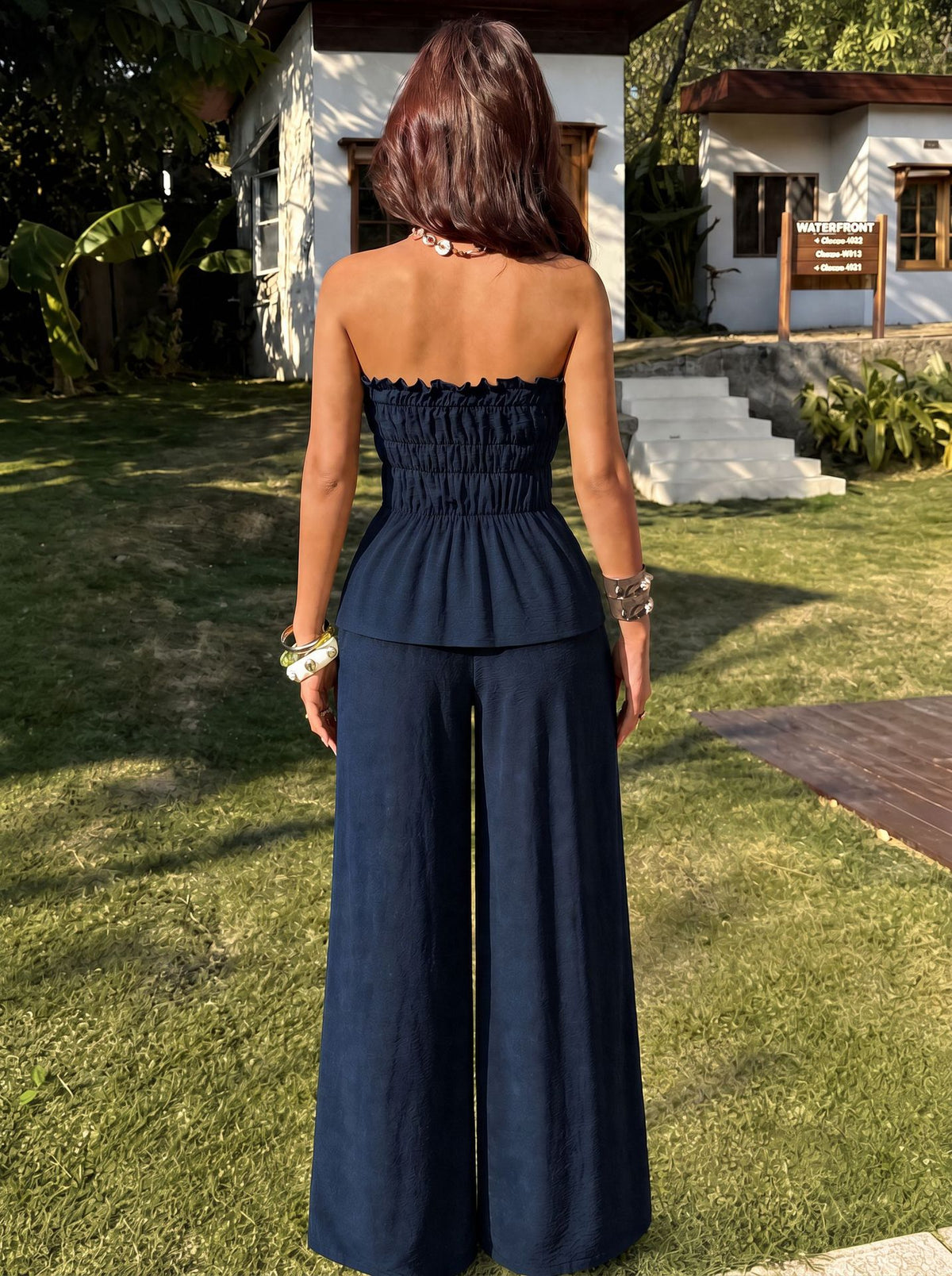 Women's Strapless Smocked Top and Wide Leg Pants Set