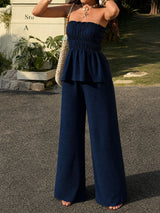 Women's Strapless Smocked Top and Wide Leg Pants Set
