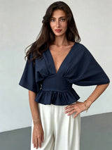 Women's Deep V-Neck Batwing Sleeve Peplum Top