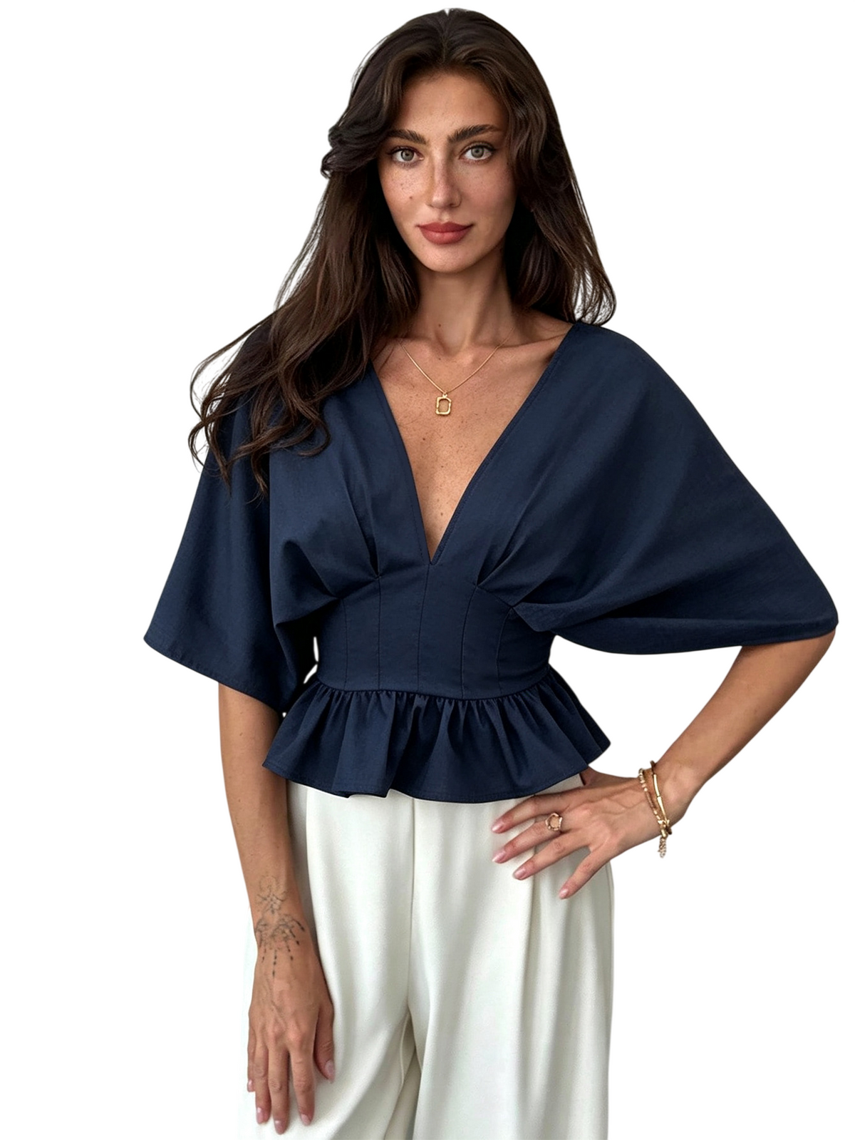 Women's Deep V-Neck Batwing Sleeve Peplum Top
