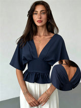 Women's Deep V-Neck Batwing Sleeve Peplum Top
