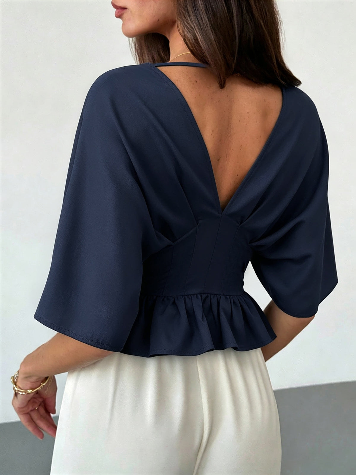 Women's Deep V-Neck Batwing Sleeve Peplum Top