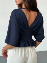 Women's Deep V-Neck Batwing Sleeve Peplum Top