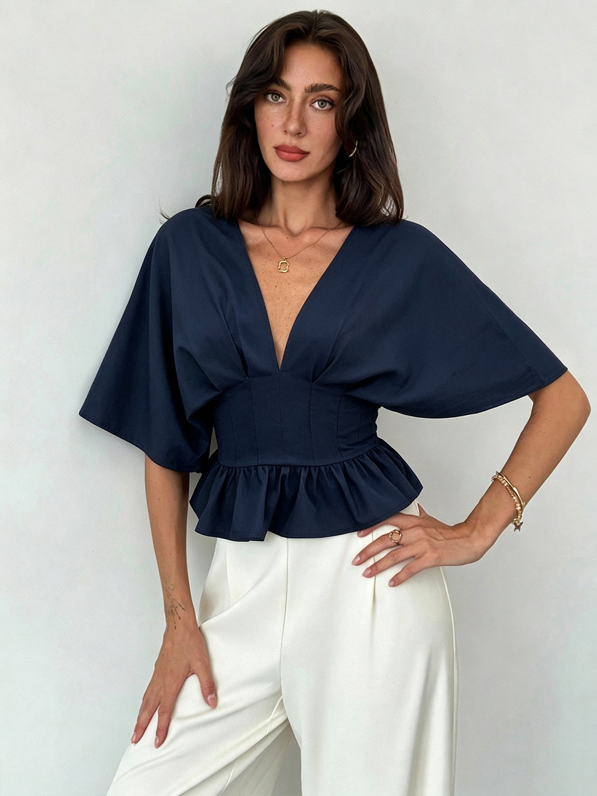 Women's Deep V-Neck Batwing Sleeve Peplum Top