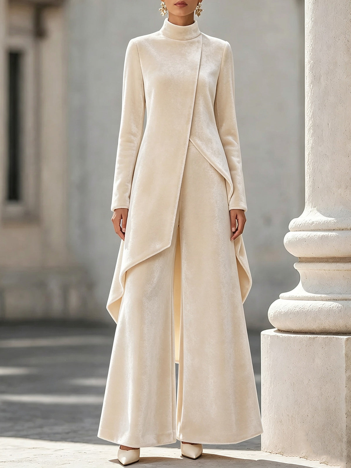 Women's Elegant Draped Long Top and Wide Leg Pants