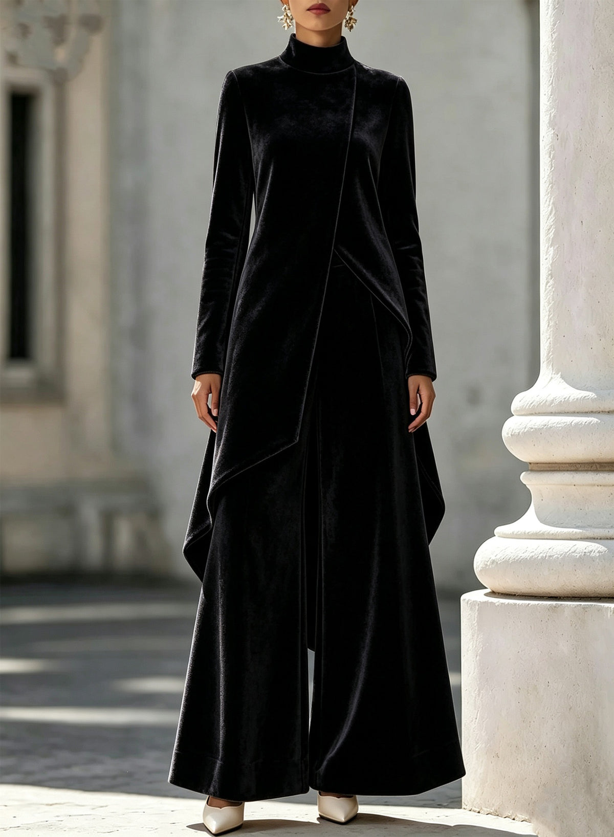 Women's Elegant Draped Long Top and Wide Leg Pants