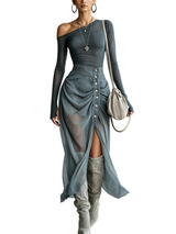 Women's One Shoulder Ruched Maxi Dress