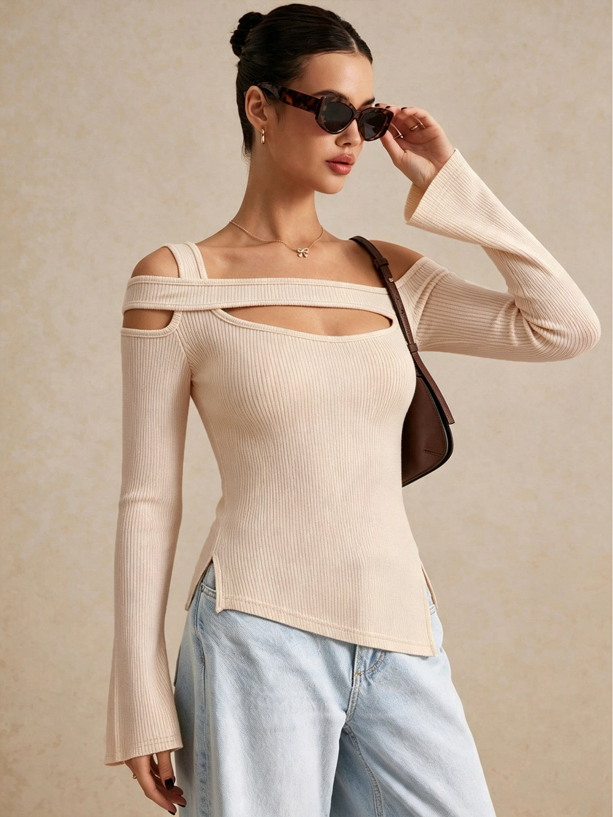 Women's Off Shoulder Cutout Long Sleeve Top
