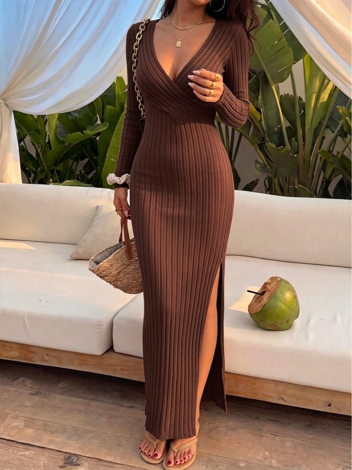 Women's Ribbed Wrap Maxi Dress