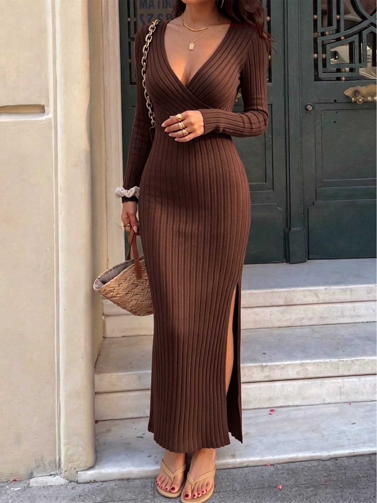 Women's Ribbed Wrap Maxi Dress