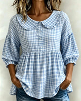 Women's Ruffle Collar Button Front Plaid Top