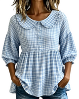 Women's Ruffle Collar Button Front Plaid Top