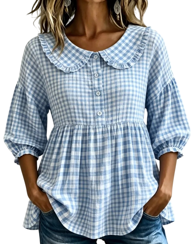 Women's Ruffle Collar Button Front Plaid Top