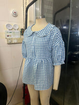Women's Ruffle Collar Button Front Plaid Top