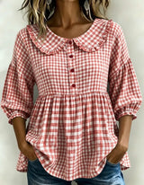 Women's Ruffle Collar Button Front Plaid Top
