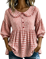 Women's Ruffle Collar Button Front Plaid Top