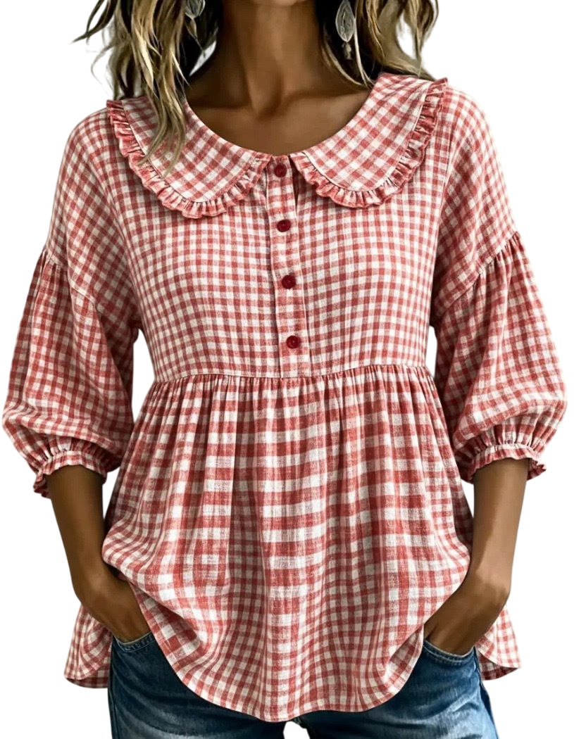 Women's Ruffle Collar Button Front Plaid Top