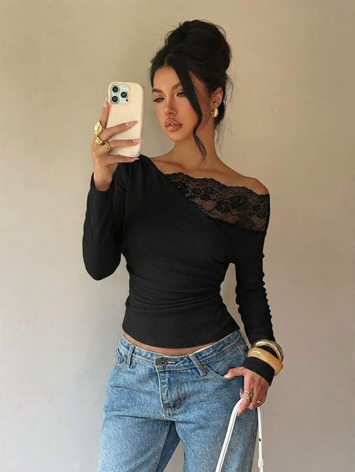 Women's Off Shoulder Lace Trim Long Sleeve Top