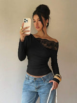 Women's Off Shoulder Lace Trim Long Sleeve Top